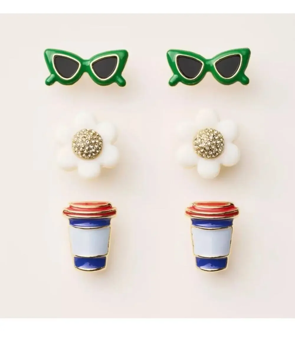 Kate Spade x Target Stud Earrings Sunglasses Flowers Coffee Cups 3 Pairs Presale